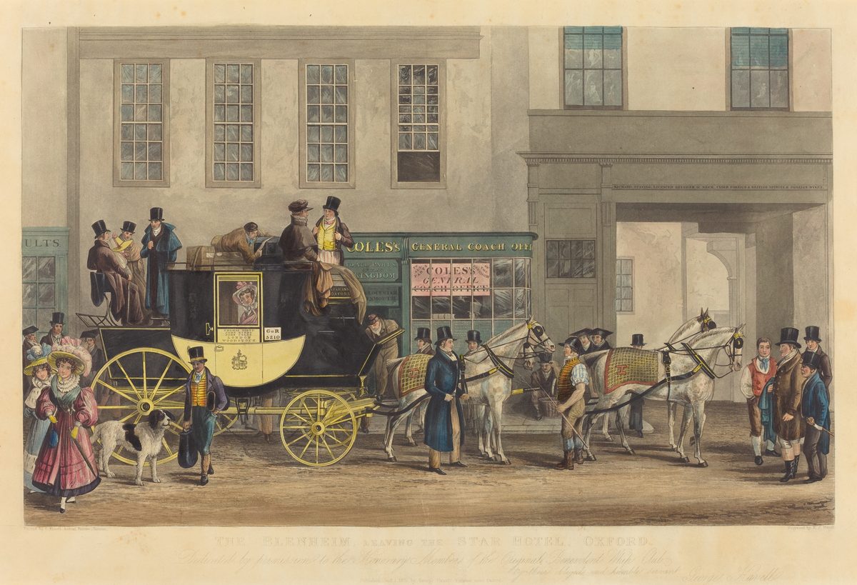 An 1831 hand-coloured aquatint print showing the Blenheim coach loading passengers outside Coles's General Coach Office at the Star Inn on Cornmarket Street, Oxford.